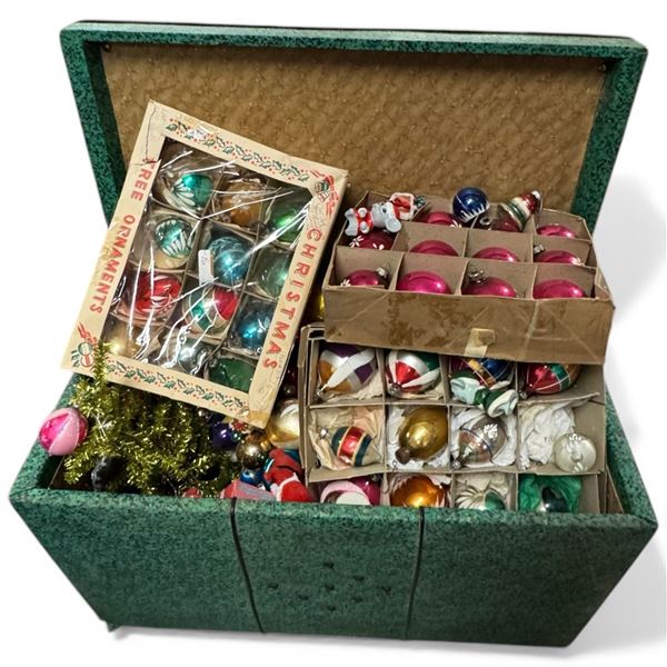 Vintage Green Vinyl Chest Filled with Vintage Christmas Decorations