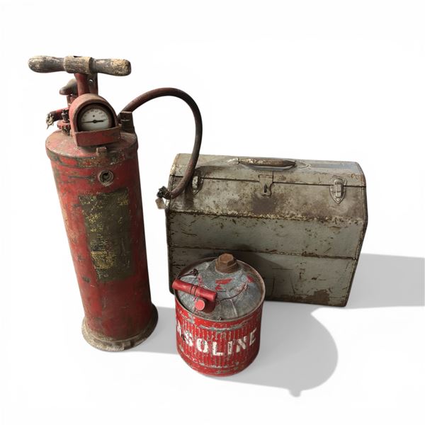 Vintage Shop Item: Metal Tool Box, Pump Fire Extinguisher and Gas Can