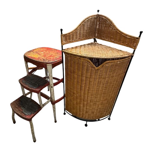 Vintage Step Stool and Modern Corner Wicker Hamper