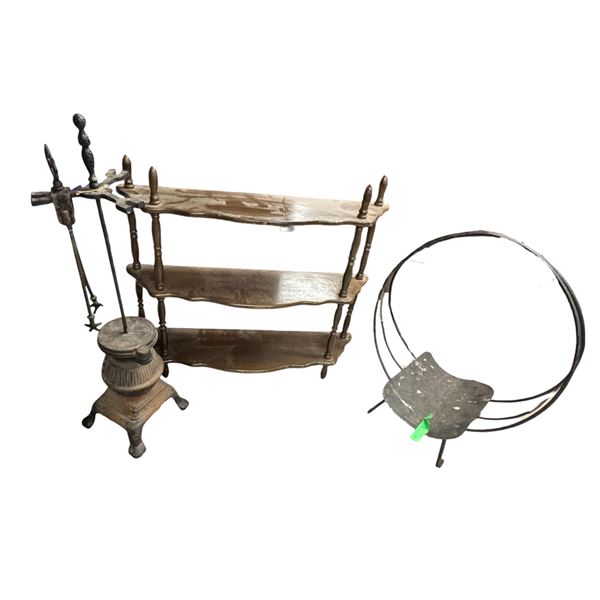 Demilune Shelf Unit 27x7.5x24", Fire Place Set (Incomplete) and Metal Firewood Basket