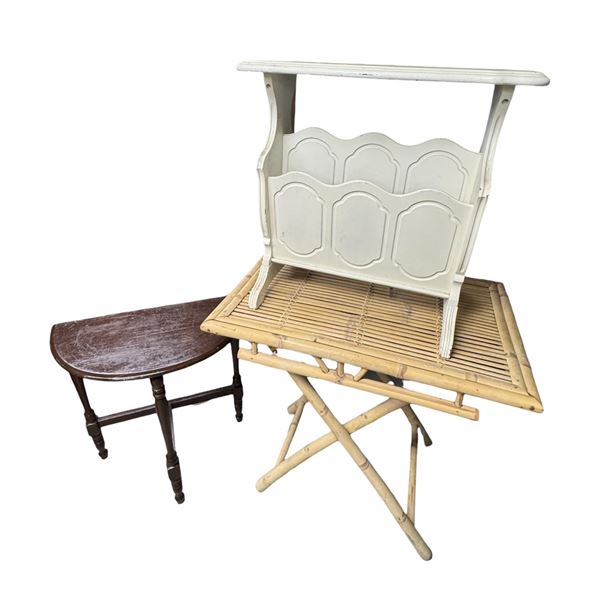 Bamboo Folding Table 30x20.5x28.5, Demilune Table (Needs Repair) and White Magazine Table