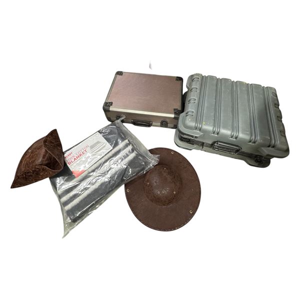 Two Locking Storage Cases, Two Pioneers Hats and Wool Blanket