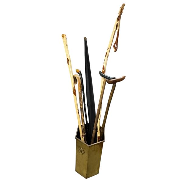 Brass Umbrella Holder with 2 Walking Sticks, 3 Canes and a Pool Cue