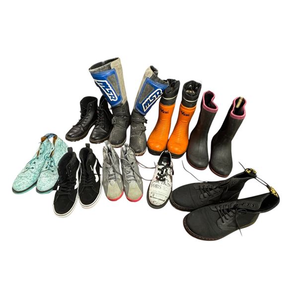 Bin of Footwear: Jordans, Doc Martens, John Fluevog, Viking, Noble, Vans and More