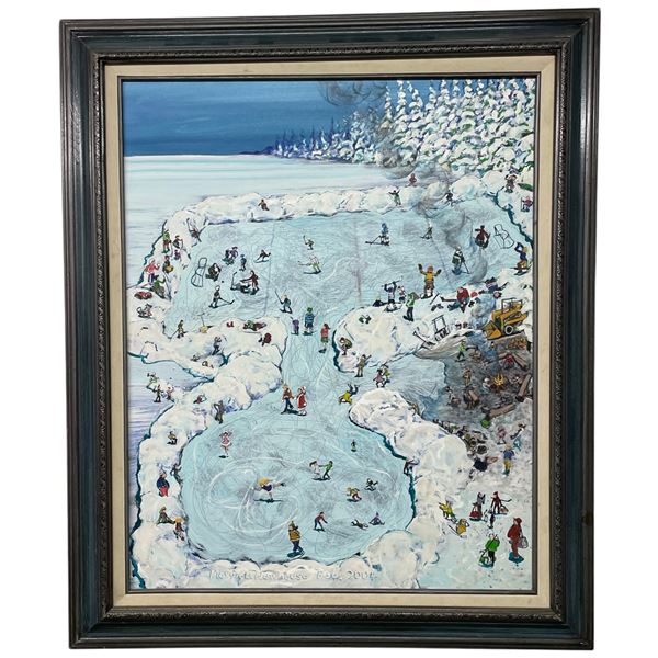 Maxwell Newhouse 2004 "Bob Cat, Warm Fire and Hockey" Original Painting Signed