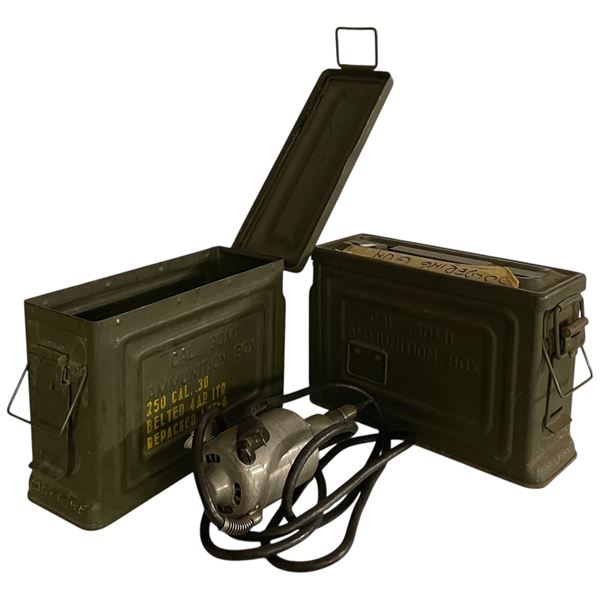 Two Ammo Cans, Rotary Tool and Assorted Sockets and Wrenches