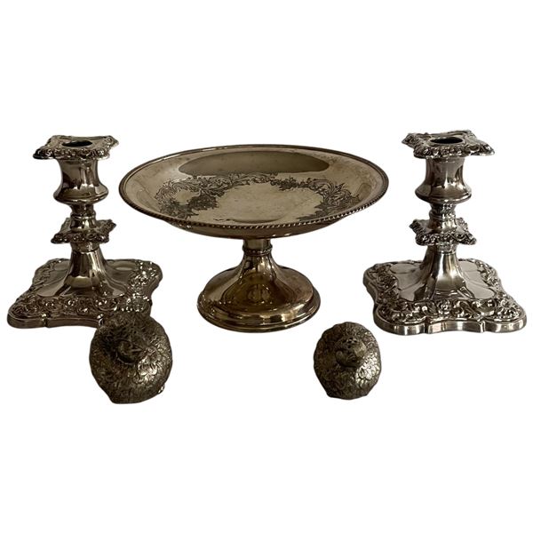 Silverplate and Pewter Items: S&P Shalers, Candlestick Holders and Cake Plate