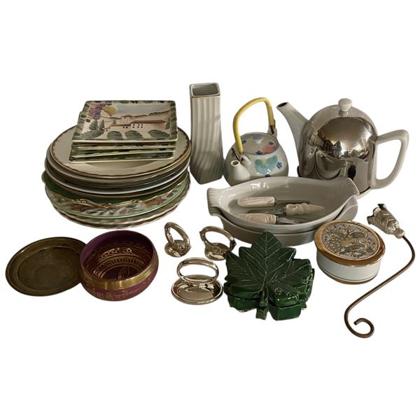 Mixed Decorative Items: Porcelain, Kettle, Plates and More