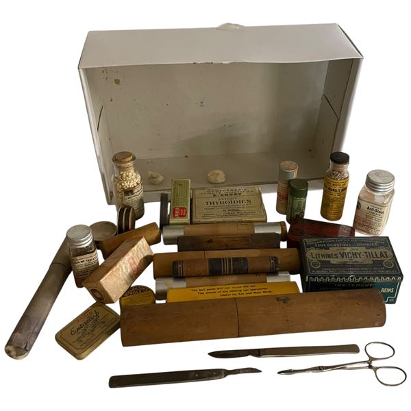 Vintage and Antique Medicine Cabinet Bottle, Tins and Thermometers