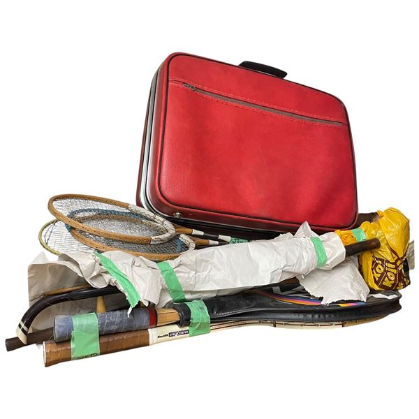Collection of Vintage Tennis Rackets, Suitcase, Flute and Chinese Fiddle
