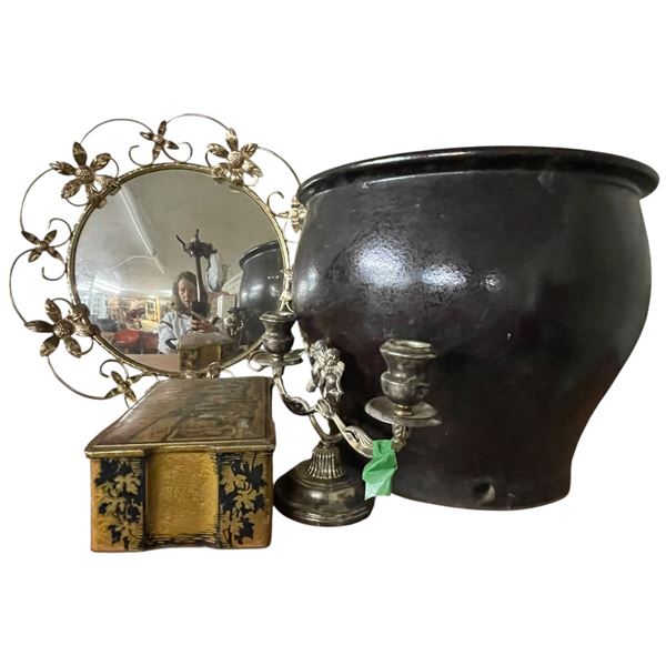Mirror, Large Planter, Candle Stick Holder, Metal Funnel and Tin Box Vintage Decorative Items