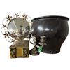 Image 1 : Mirror, Large Planter, Candle Stick Holder, Metal Funnel and Tin Box Vintage Decorative Items