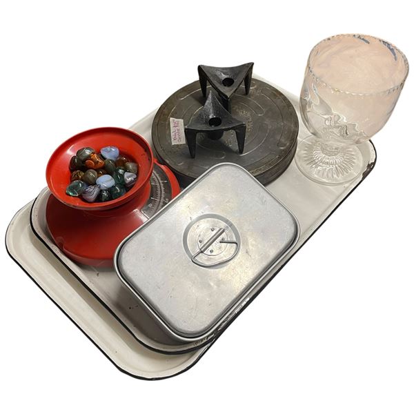 Assorted Collection of Vintage Items: Enamel Trays, Movie Reel Case, Scale, Polished Stones and Vase