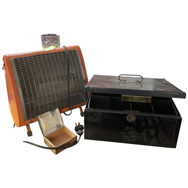 Vintage Heater, Metal Cash Box and Brass Cigarette Case