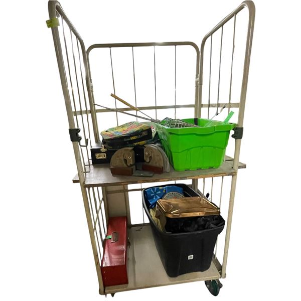 Rolling Metal Cage Cart with Assorted Contents 30.5x23x66"