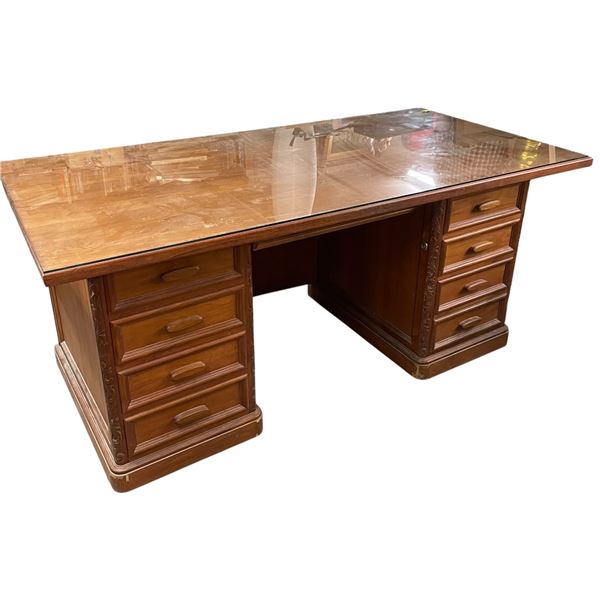 Teak Stained Dutch Carved Glass Top Desk 71x36x30"
