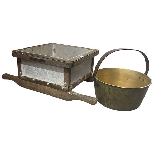 Large Very Heavy Brass Pot 11" Diameter and Dry Good Measuring Bin "Hove 1.2 Cu Ft"