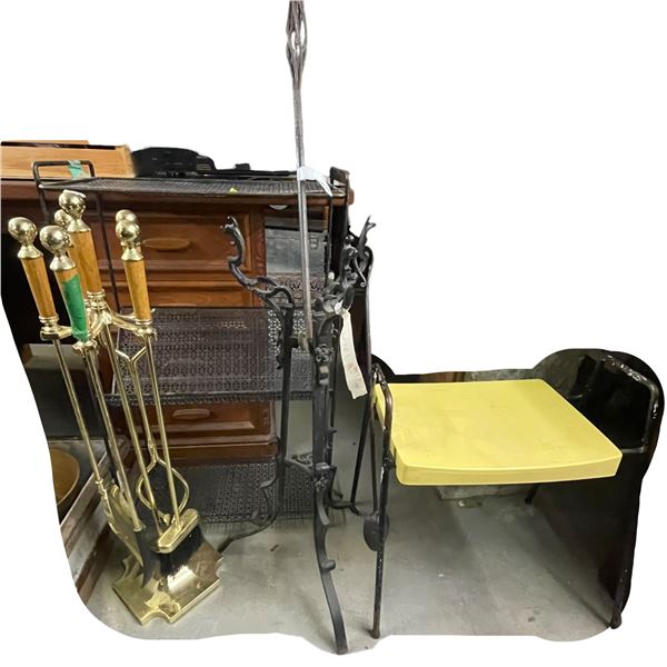 Magzine Rack Stand, Two Fireplace Sets and Yellow Mid Century Stool