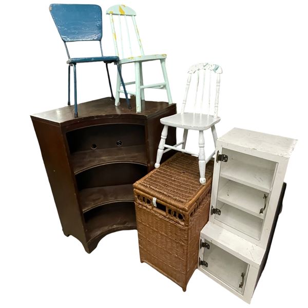Larger Corner Unit: Kids Chairs, Wicker Hamper and Small White Shelf