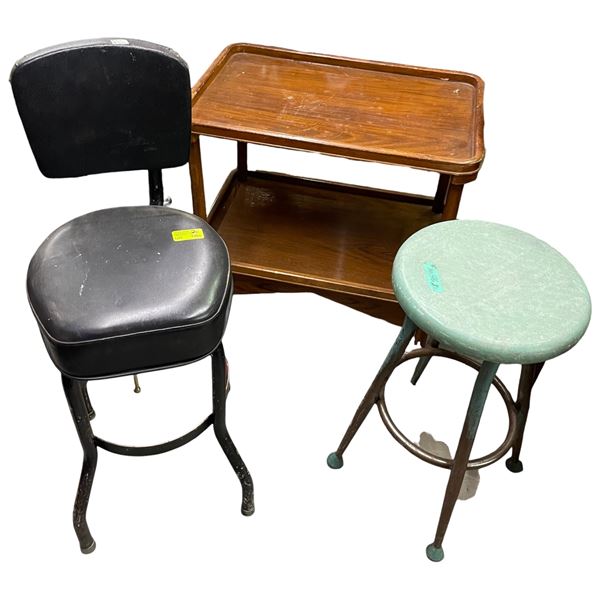 Wood Tea Caddy Cart and Two Metal Stools