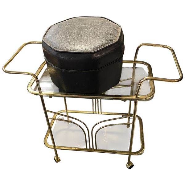 Black Leather Ottoman and Brass/glass Tea/drinks Trolley 35x15x30"
