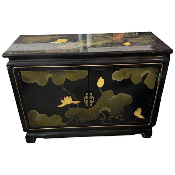 Asian Black Lacquered Floral Motif Sideboard 40x16x30"