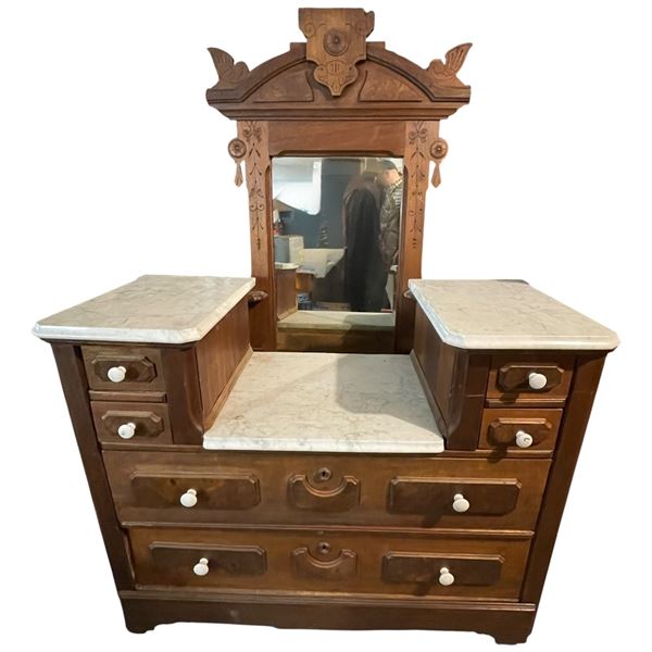 Antique Eastlake Vanity Marble Top 45x18.5x34" Mirror is 65" Tall
