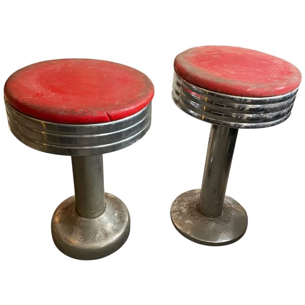 2 Retro Soda Shop Red Vinyl and Chome Stools 12x12x20"