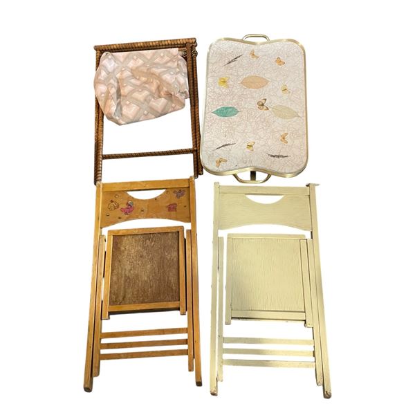 Laminate 1950's TV Dinner Table, Folding Chairs and Folding Basket