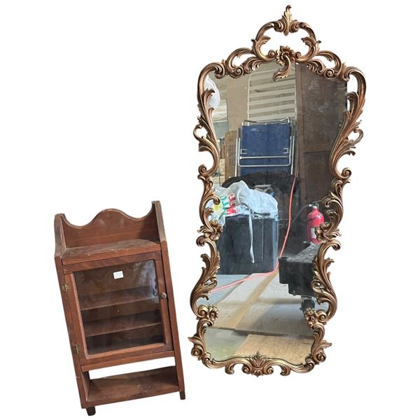 Small Glass Cabinet and Gilded Mirror 18x46"