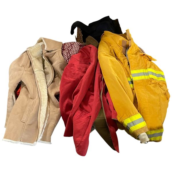 Box Lot of Clothing: Blankets, Fireman's Jacket, Deerskin and More
