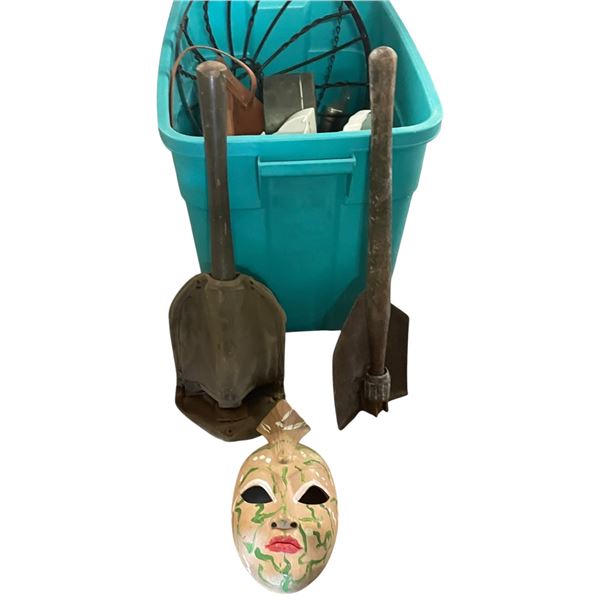 Assorted Lot of Vintage Bathroom Items and Two Military Shovels