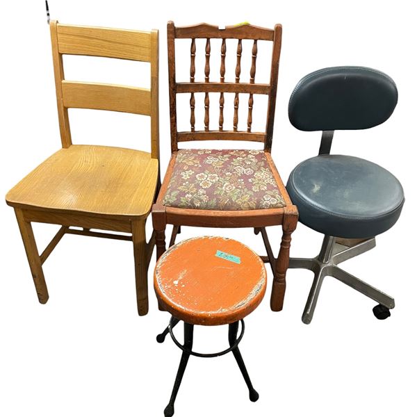 Two Wood Chairs, Vintage Stool and Blue Rolling Office Chair