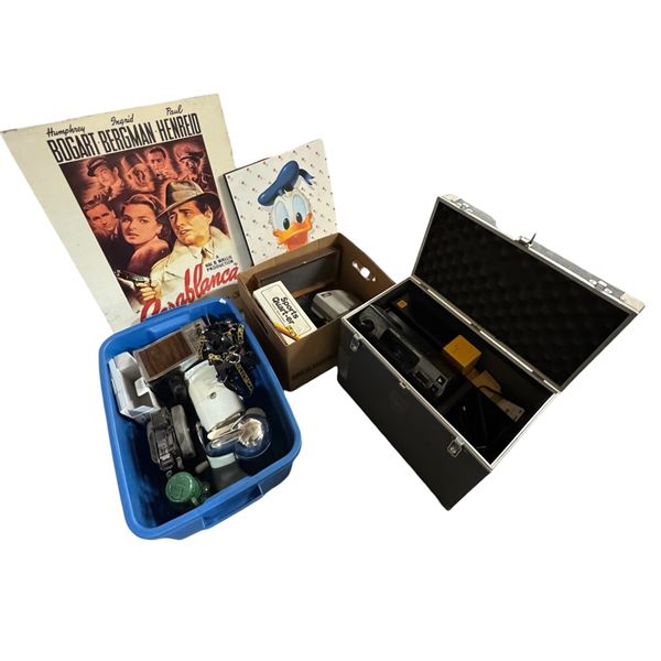 Casablanca and Donald Duck Posters on Board and Box Lot of Mixed Collectables; Cameras, New Canteen+