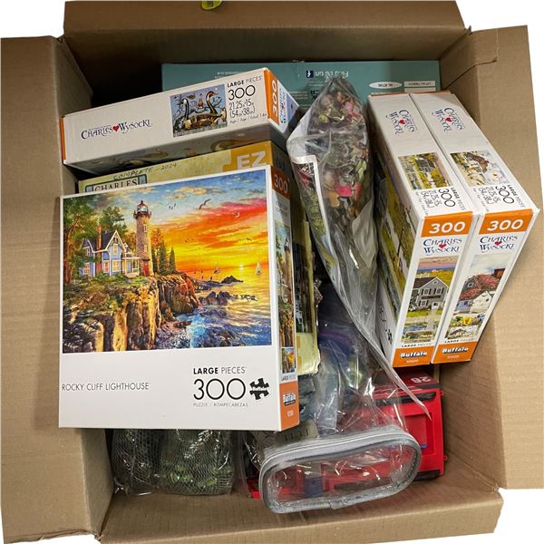 Large Box of Assorted Toys, Marbles, Puzzles and Board Games