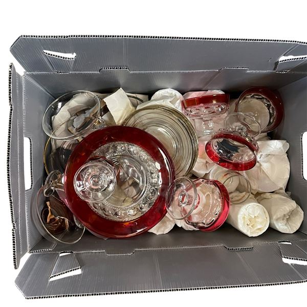 Box of Assort. Vintage Glassware with Ruby and Gold Rimmed Pieces