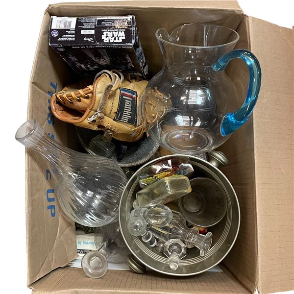Box of Misc Glass Jugs and Baseball Glove