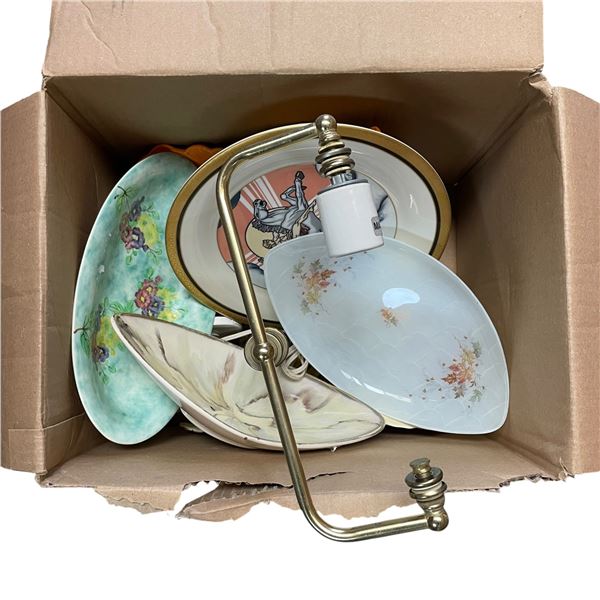 Box of Misc. Plates and a Lamp