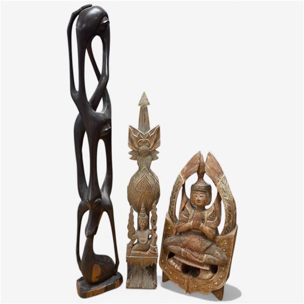 African Wood Makonde Shetani Sculpture 31.5" Tall, Teak Thai Theppanom & Hand Carved Buddhist Piece
