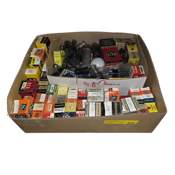 Box full of assorted vintage vacuum tubes