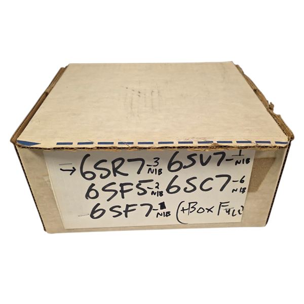 Box of Vintage Loose and NIB Vacuum Tubes: Sylvania, Marconi, Philco, etc - Models: 6SR7, 6SF5, 6SF7