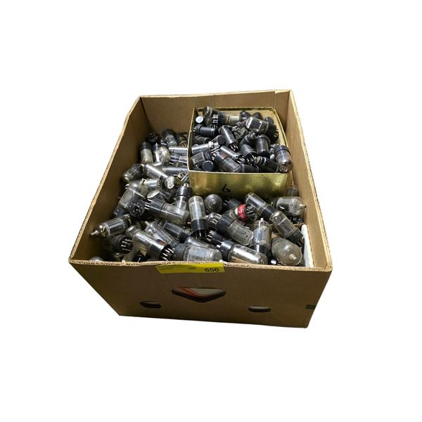 Box full of assorted vacuum tubes