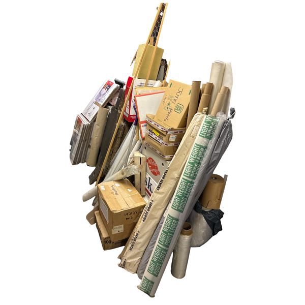 Large group of shipping & packaging supplies - boxes, bubble wrap, wrapping paper, shrink wrap