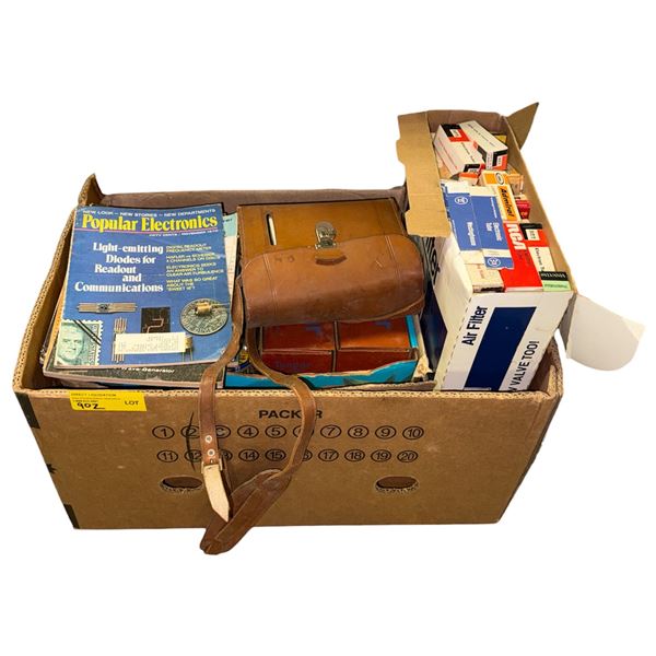 Box of assorted vintage vacuum tubes, manuals & electronics