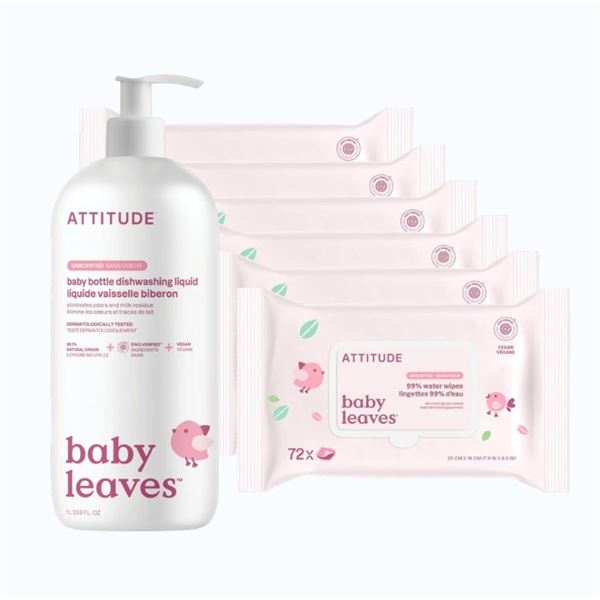 NEW - ATTITUDE Baby Leaves Bottle Dishwashing Liquid (6 pcs) & Water Wipes (3-pack) - Total R.V. $11