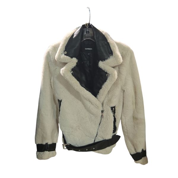 Express Women's Faux Fur & Leather Trim Moto Jacket - Size XS (some stains)