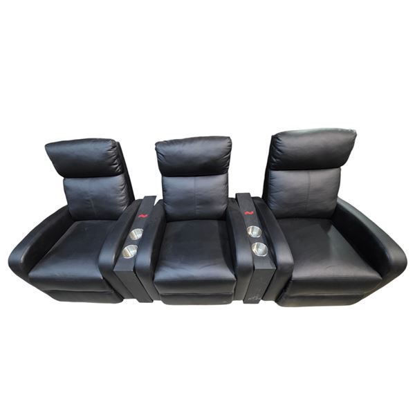 Set of 3 Black Faux-Leather Home Theater Recliners (H36" x W26") with 1 Cupholder