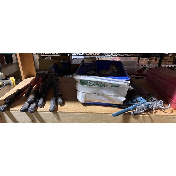 Lot of Caulking Guns, Bolt Cutters & Hilti Powder-Actuated Tool w/ Anchors