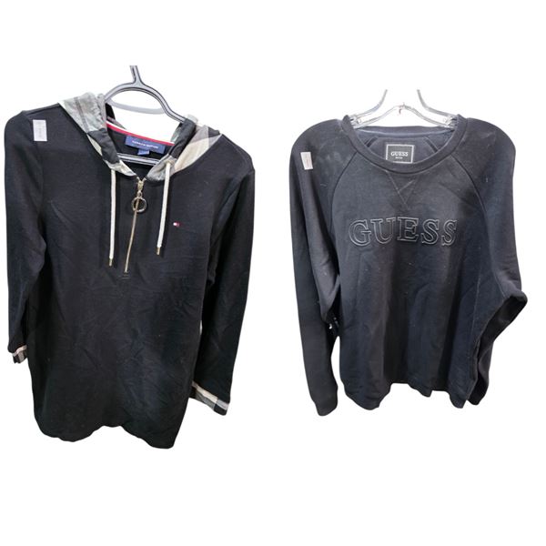 2-Pcs Men's Black Hoodies - Guess (Size XL) and Tommy Hilfiger (Size S) - Used Condition (as-is)