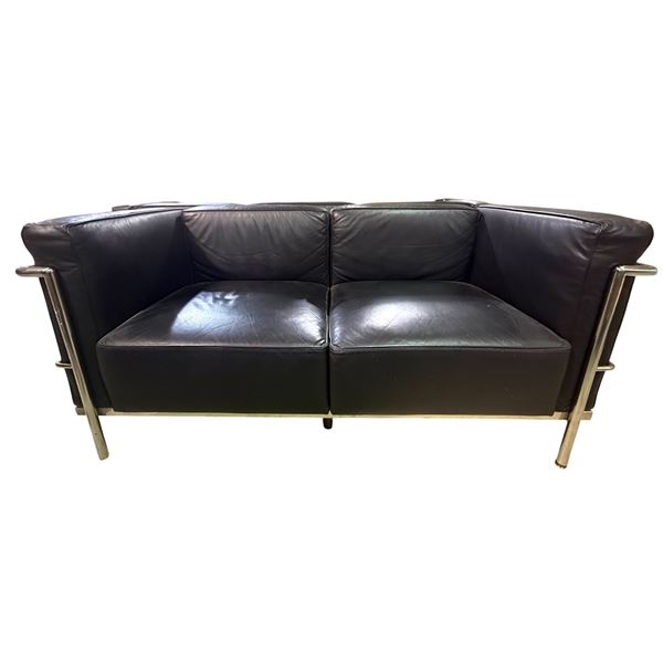 Black Faux-Leather 2-Seater Sofa, H27" x W57.5" x D25"